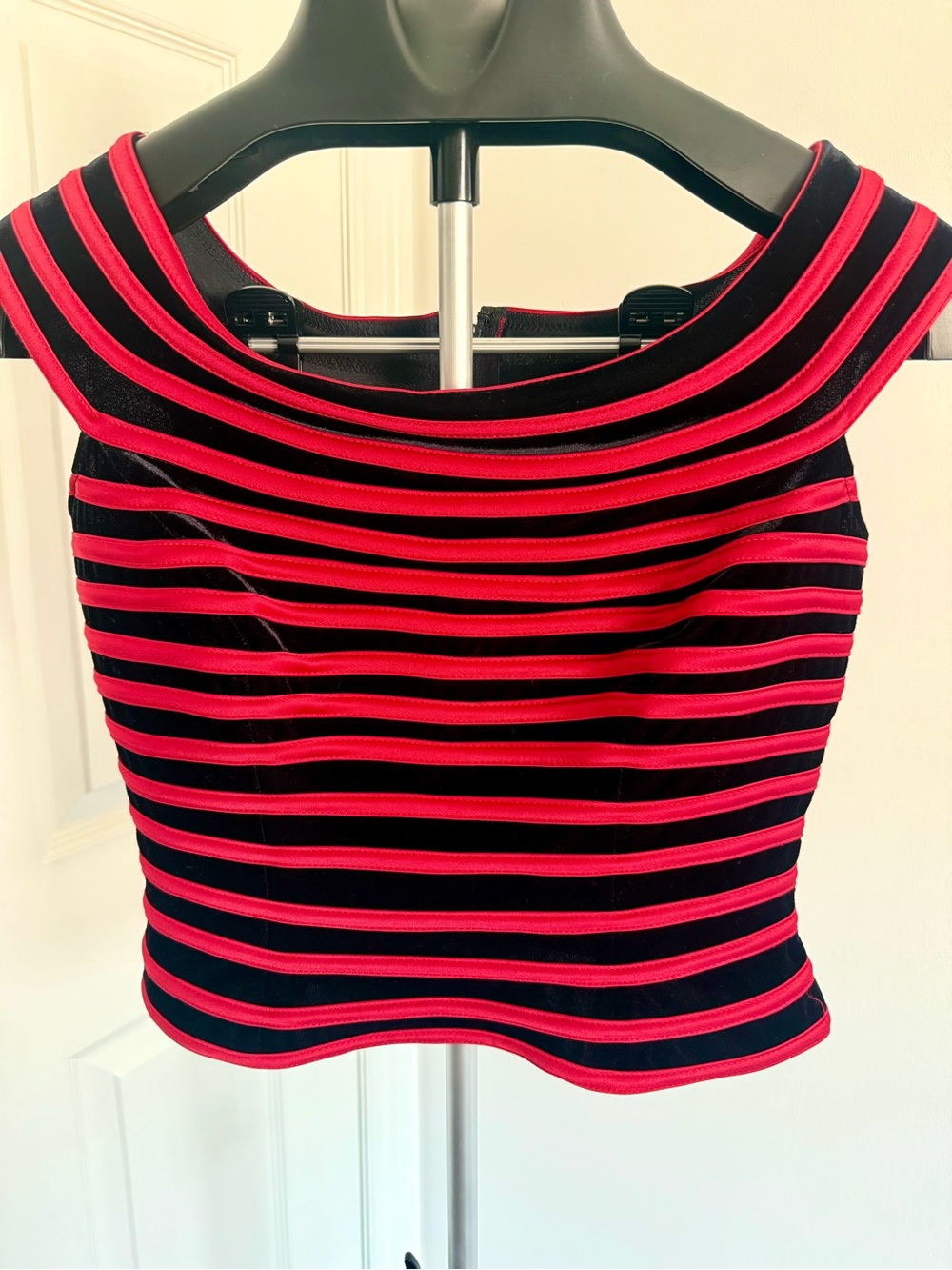 JS Collections Red and Black Striped Boatneck Crop Top
